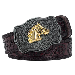 Äkta cowboyläderbälte hästmotiv Mörkbrun Hästhuvud / 95cm