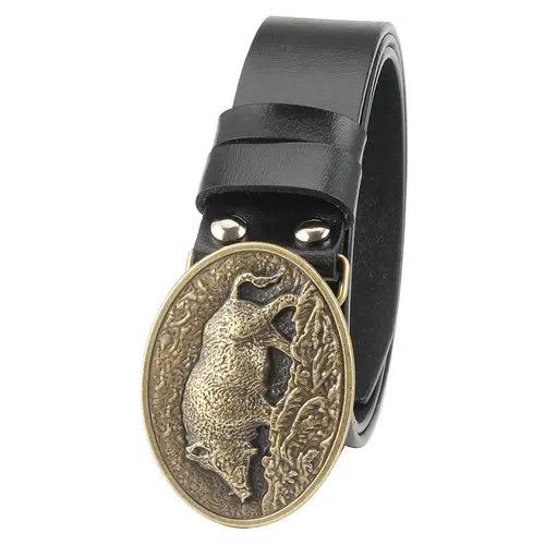 Äkta westernläderbälte med vildsvinsspänne Antikguld svart / 105cm