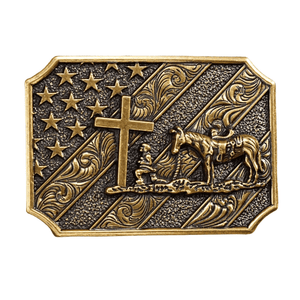 Bältespänne cowboy kors flagga kristen USA Guld brons