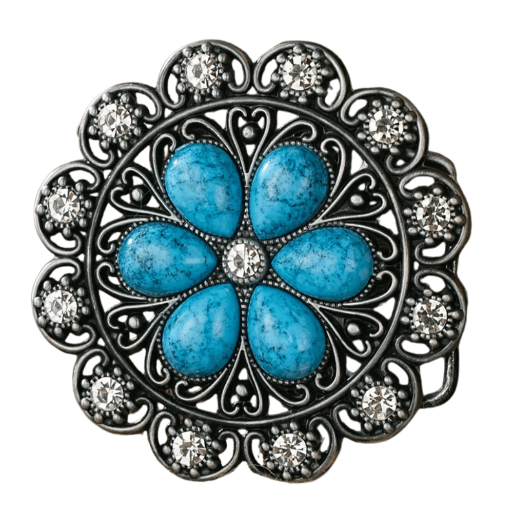 Bältespänne med blå blomma och westerndetaljer Silver