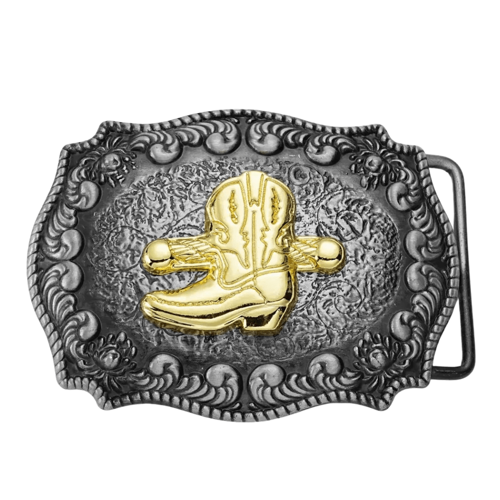 Bältespänne med guldfärgade westernmotiv Stövlar
