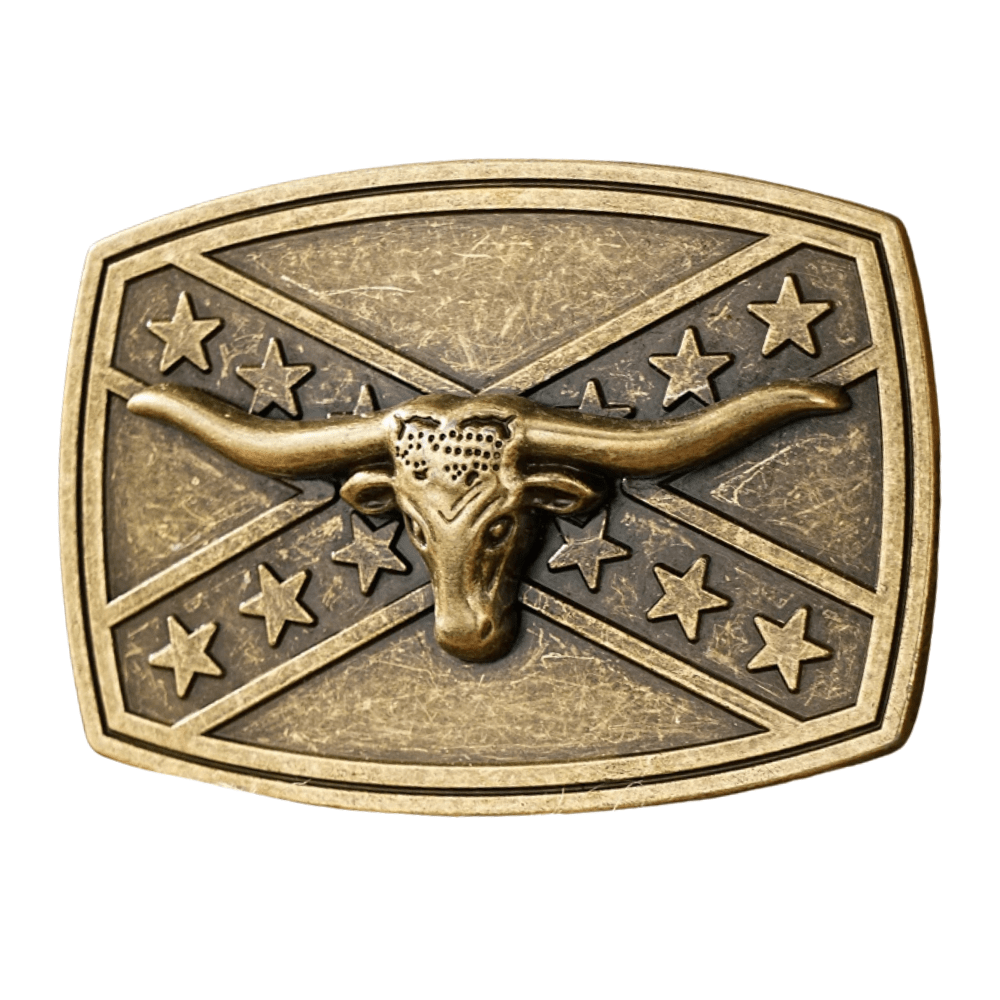 Bältespänne med sydstatsflagga och westernmotiv Guld Longhorn