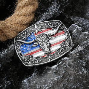 Bältespänne med tjurhuvud och USA-flagga i westernstil