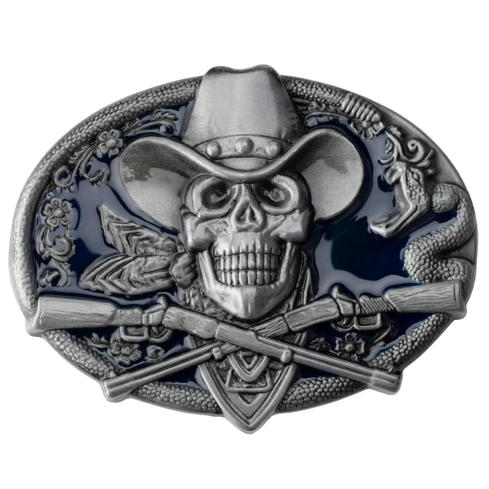 Bältesspänne cowboy dödskalle korsade gevär western stil Blå