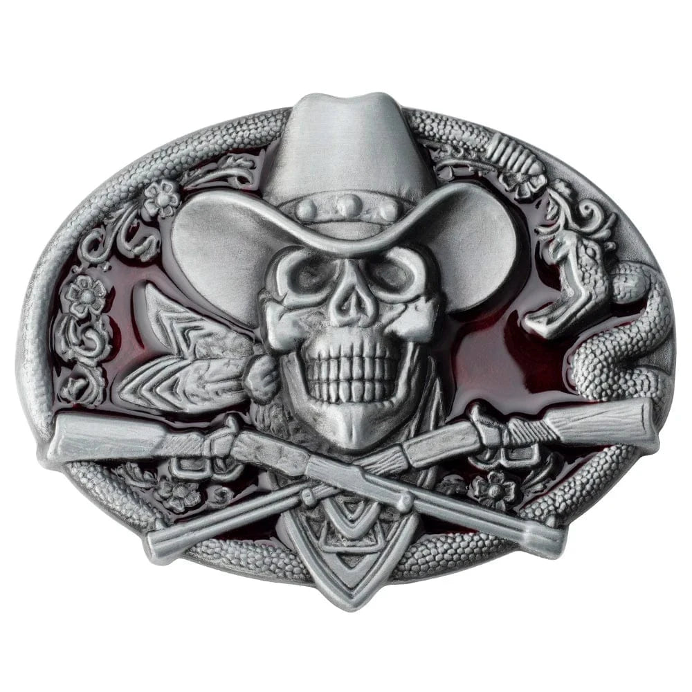 Bältesspänne cowboy dödskalle korsade gevär western stil Röd