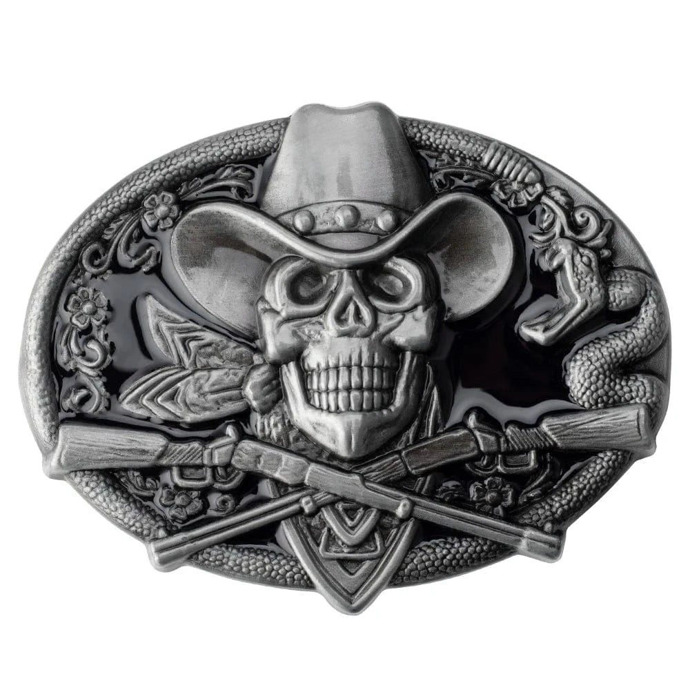 Bältesspänne cowboy dödskalle korsade gevär western stil Svart