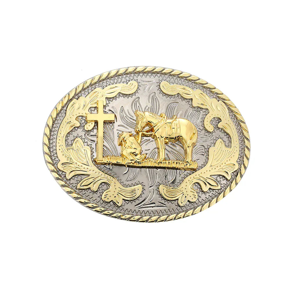 Bältesspänne western med kors och hästmotiv Silver och guld