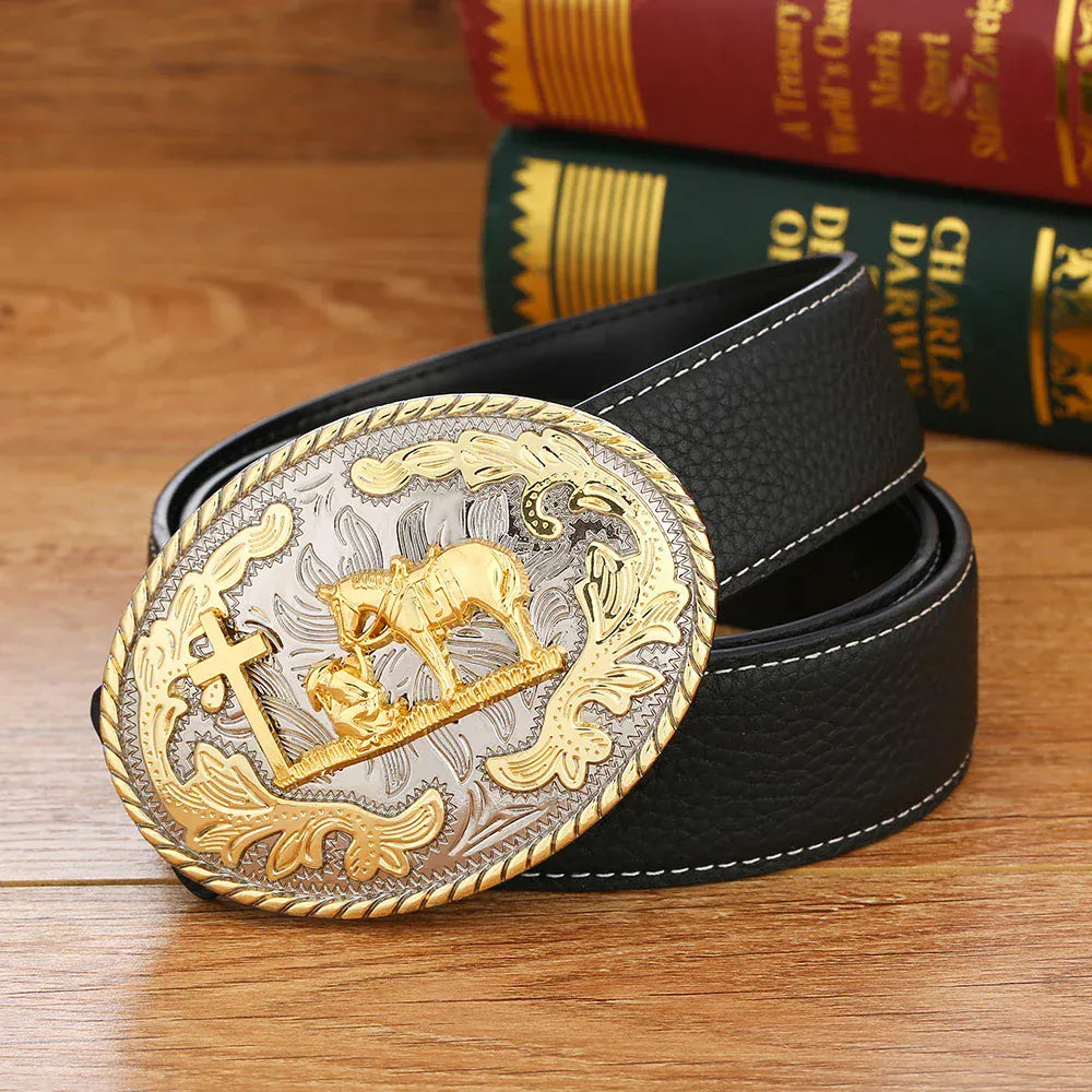 Bältesspänne western med kors och hästmotiv Silver och guld