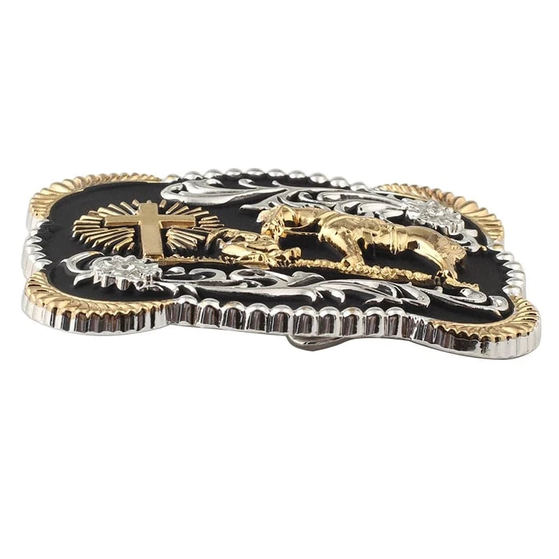 Bältesspänne western stil med häst kors och skalle i guld och silver