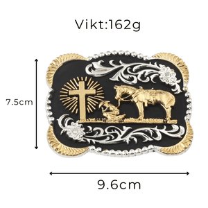 Bältesspänne western stil med häst kors och skalle i guld och silver