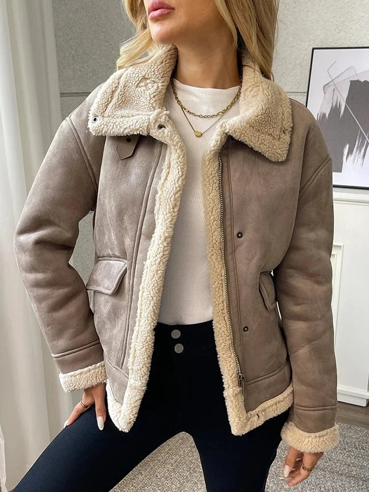 Beige shearling jacka dam med fuskpäls
