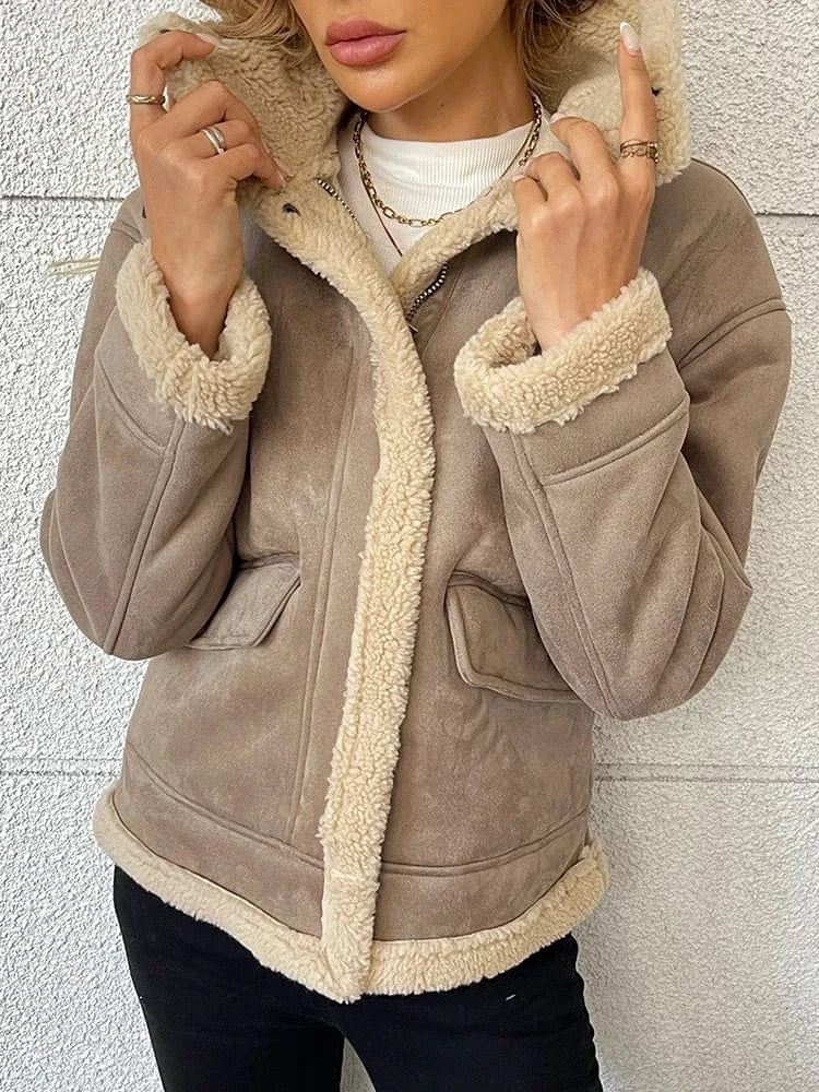 Beige shearling jacka dam med fuskpäls