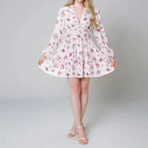Blommig miniklänning med V-ringning och puffärmar Vit röd / S