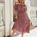 Blommig off shoulder klänning Beige och röd / S