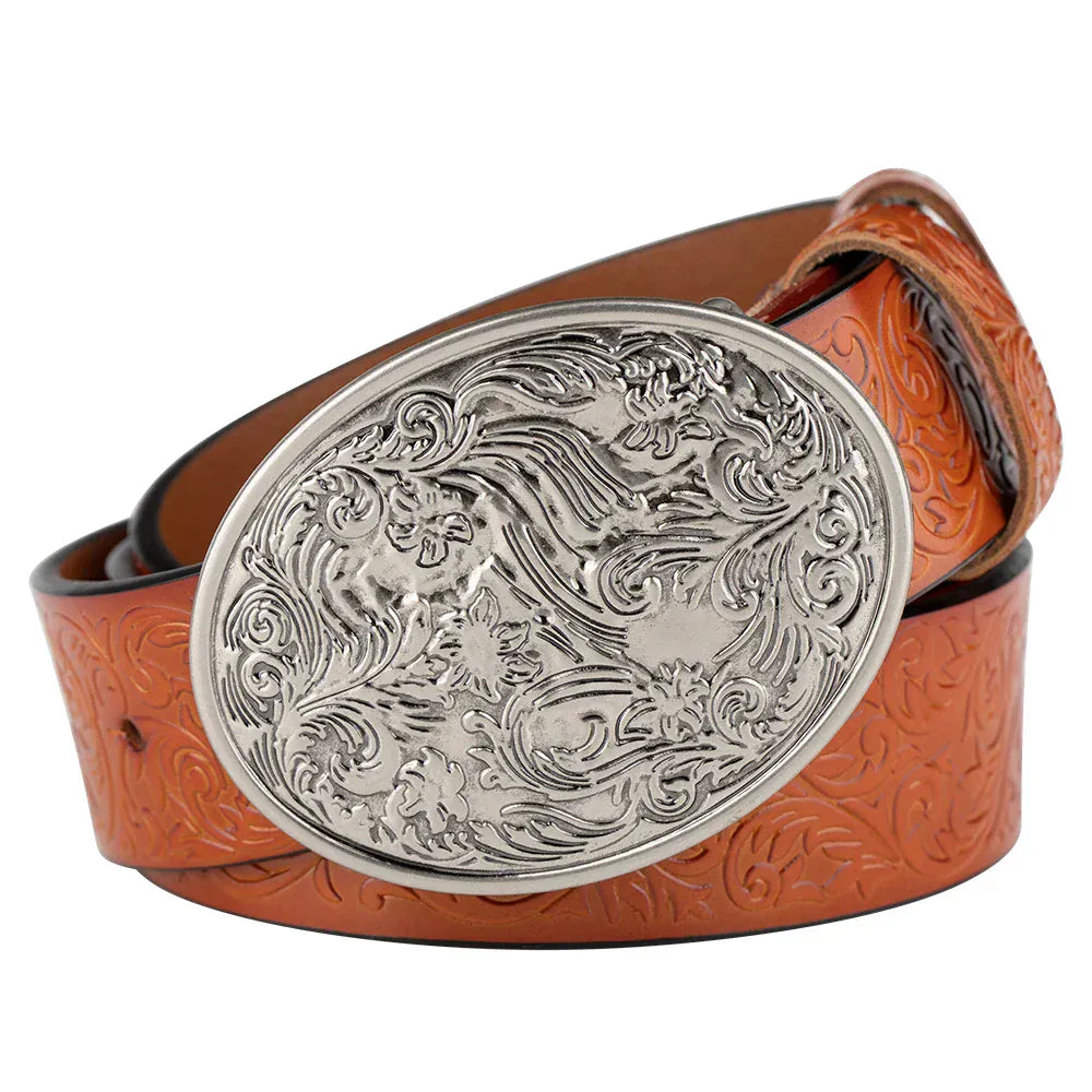 Blommigt cowboyläderbälte för dam Orange / 90cm