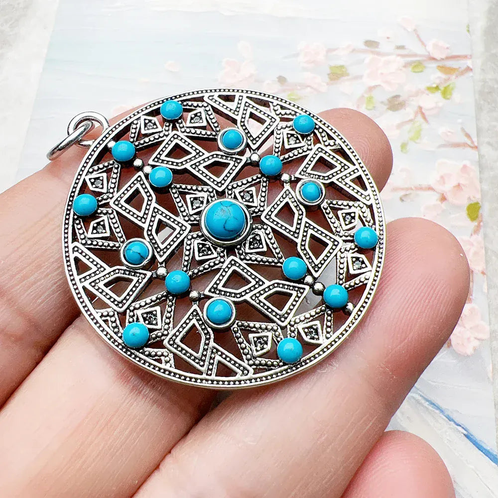 Blue Stone Round Ornament Pendant Brand New Jewelry Vintage 925 Sterling Silver Accessories Gift For Women