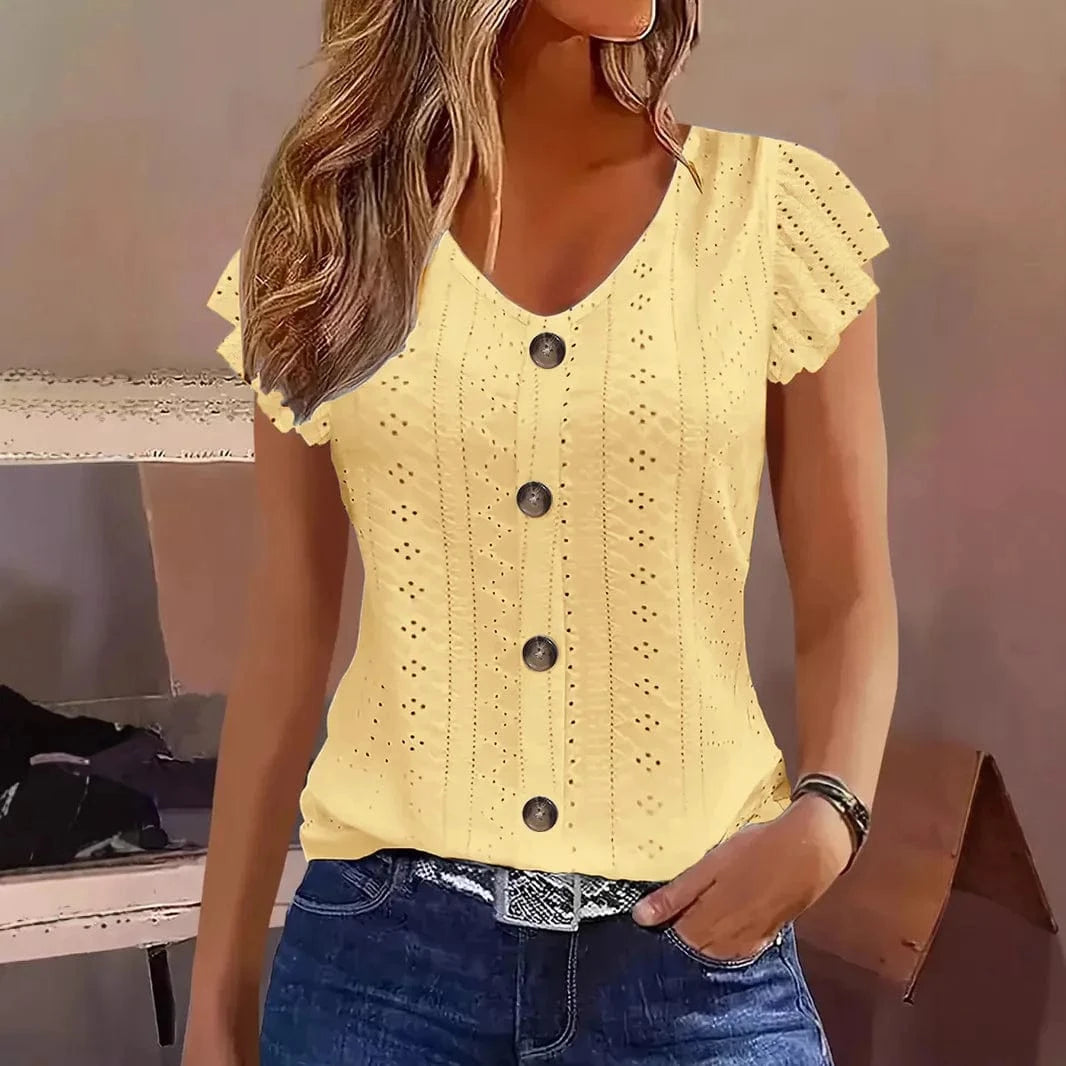 Blus med broderie anglaise Gul / S