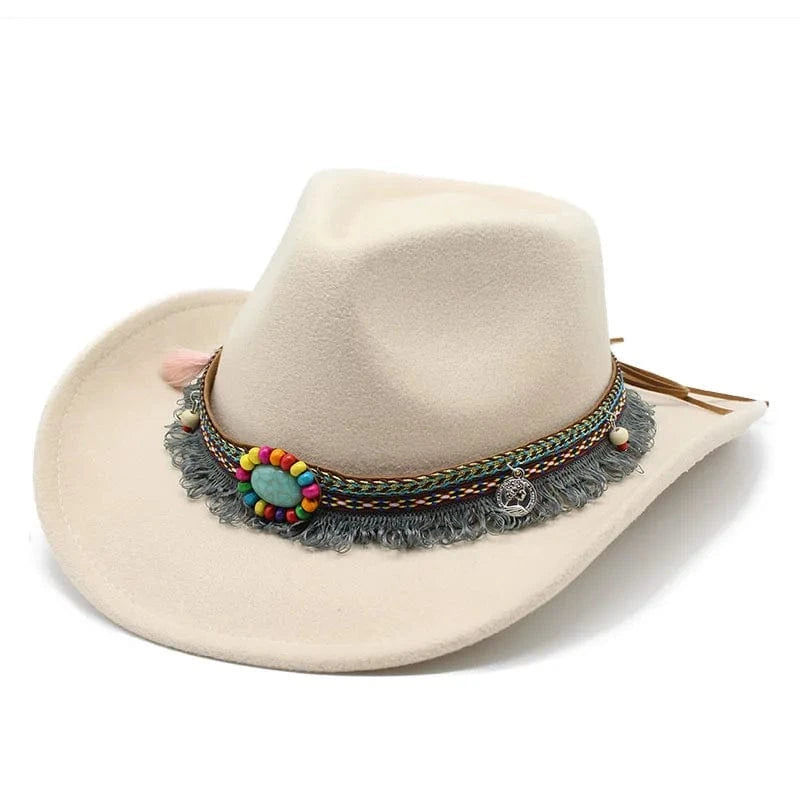 Bohemisk filt cowboyhatt Ljusbeige / 56-58cm