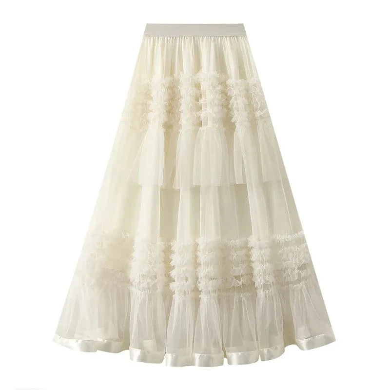 Bohemisk golvlång tyllkjol Beige / One Size