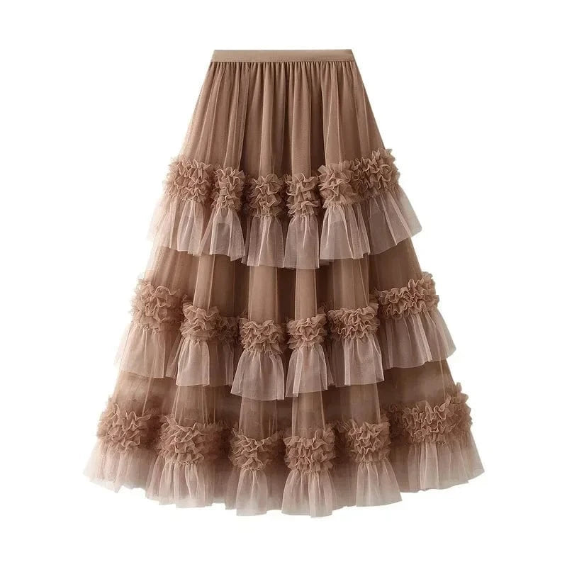 Bohemisk maxikjol av tyllvolanger Khaki / One Size