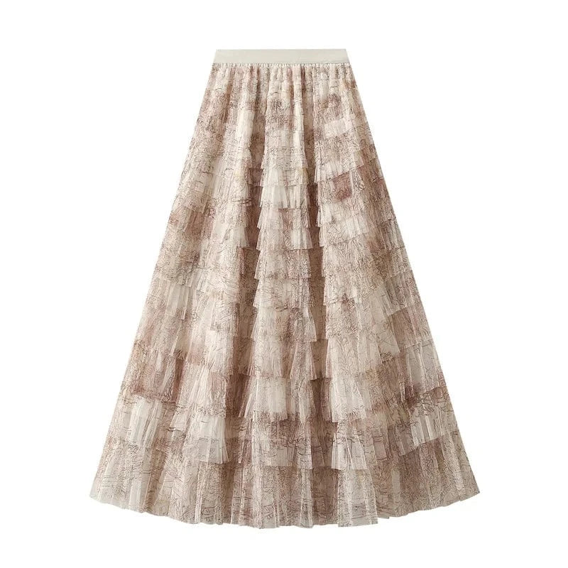 Bohemisk tyllkjol med tie-dye mönster Khaki / M