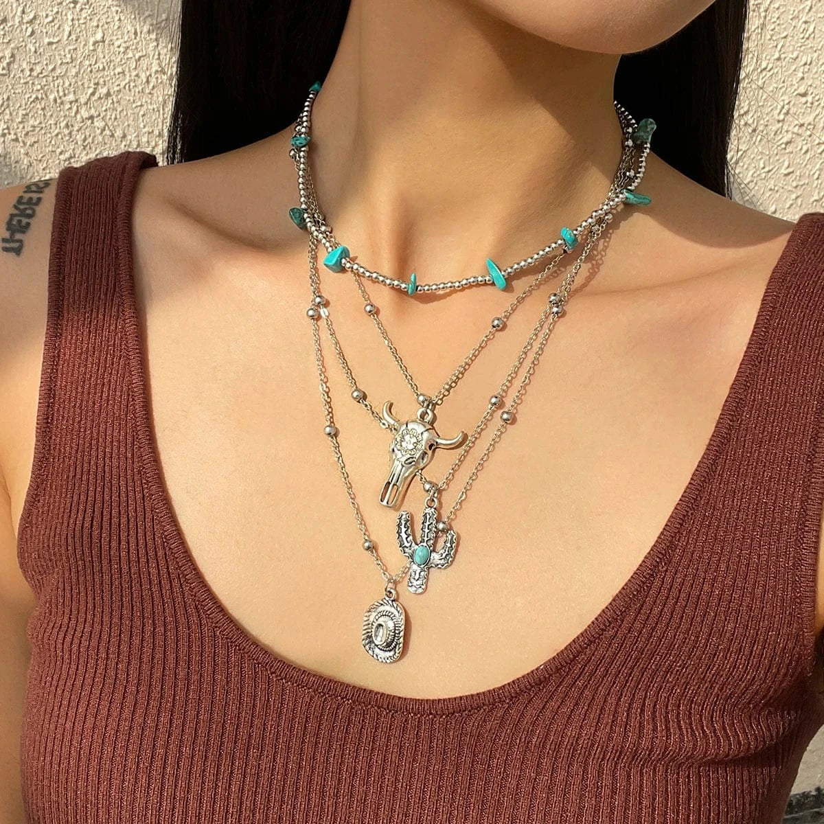 Bohemiskt lager-på-lager halsband med turkos Silver