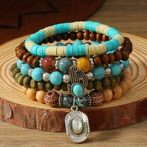 Boho Läderarmband med Turkosa Pärlor och Berlocker Stil 5st hatt