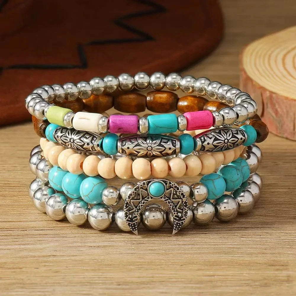 Boho Läderarmband med Turkosa Pärlor och Berlocker Stil 5st måne