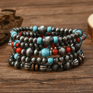 Boho Läderarmband med Turkosa Pärlor och Berlocker Stil 5st röda pärlor