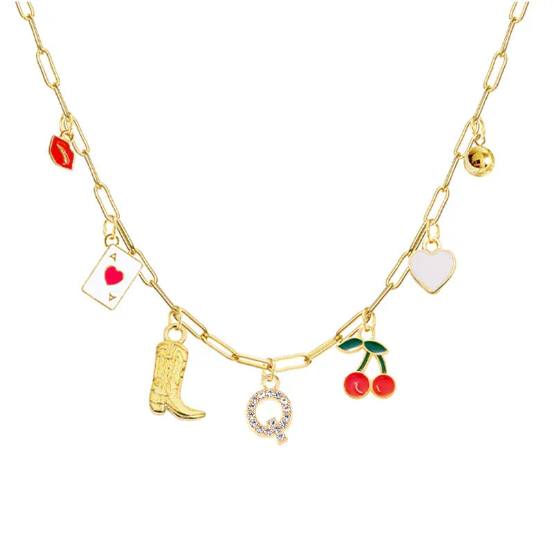Boho Red Lips Cherry Heart Letter Charm Necklace Gold Plated Boots Crystal Initials Necklaces Cowgirl Beach Jewelry Q