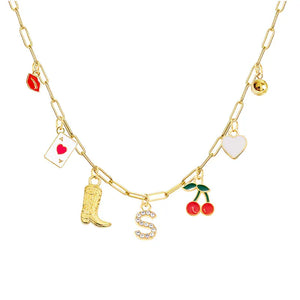 Boho Red Lips Cherry Heart Letter Charm Necklace Gold Plated Boots Crystal Initials Necklaces Cowgirl Beach Jewelry S