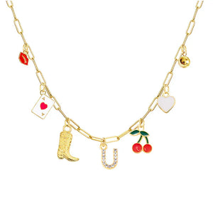 Boho Red Lips Cherry Heart Letter Charm Necklace Gold Plated Boots Crystal Initials Necklaces Cowgirl Beach Jewelry U