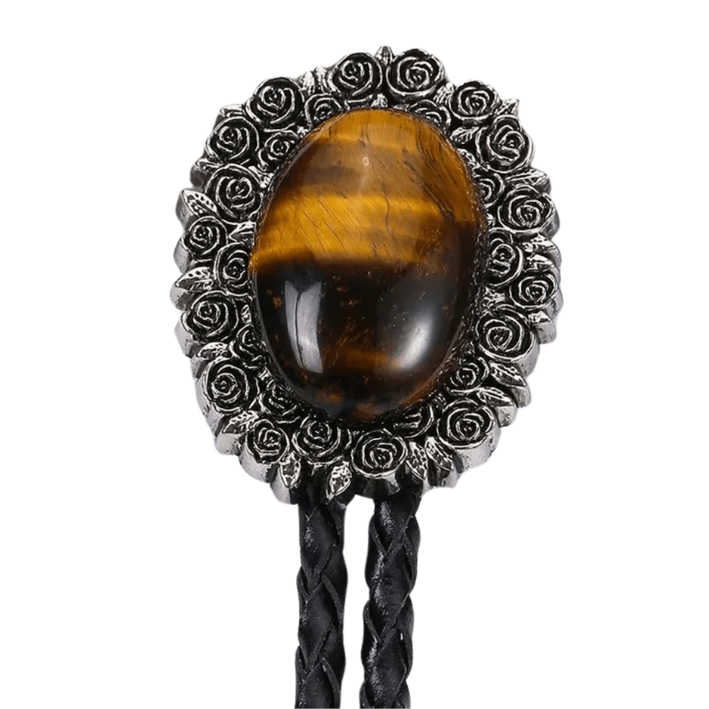 Bolo tie i äkta läder med vintageblomma och steninfattning