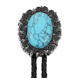 Bolo tie i äkta läder med vintageblomma och steninfattning Blå