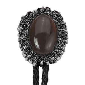 Bolo tie i äkta läder med vintageblomma och steninfattning Brun