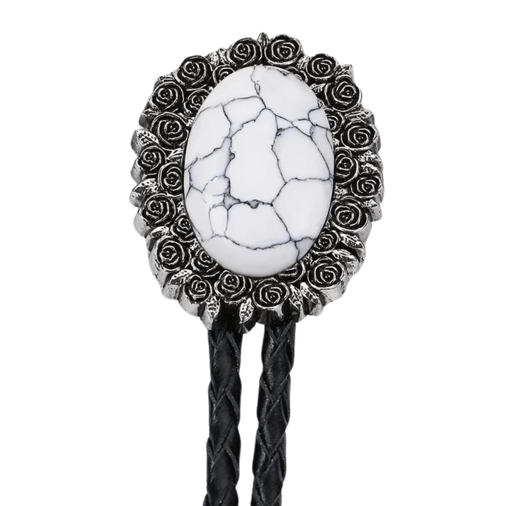 Bolo tie i äkta läder med vintageblomma och steninfattning Vit