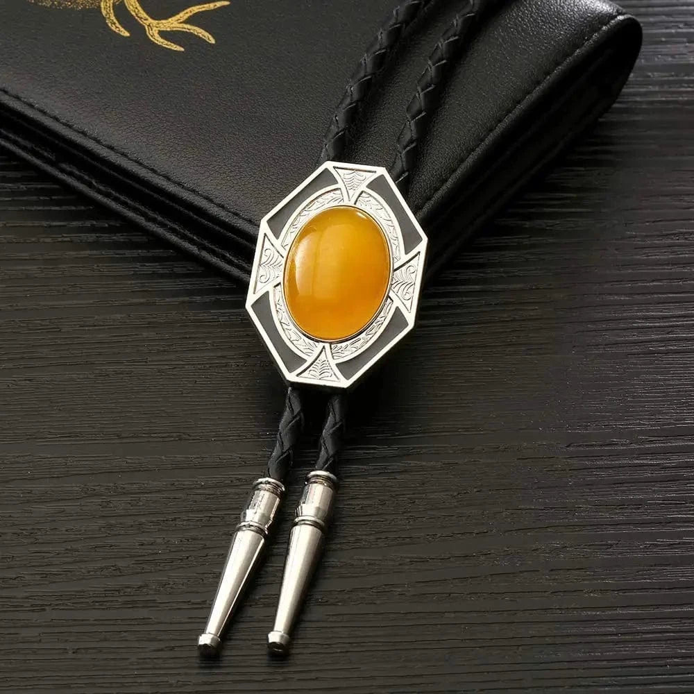 Bolo tie i läder med sexkantig ram och färgad sten