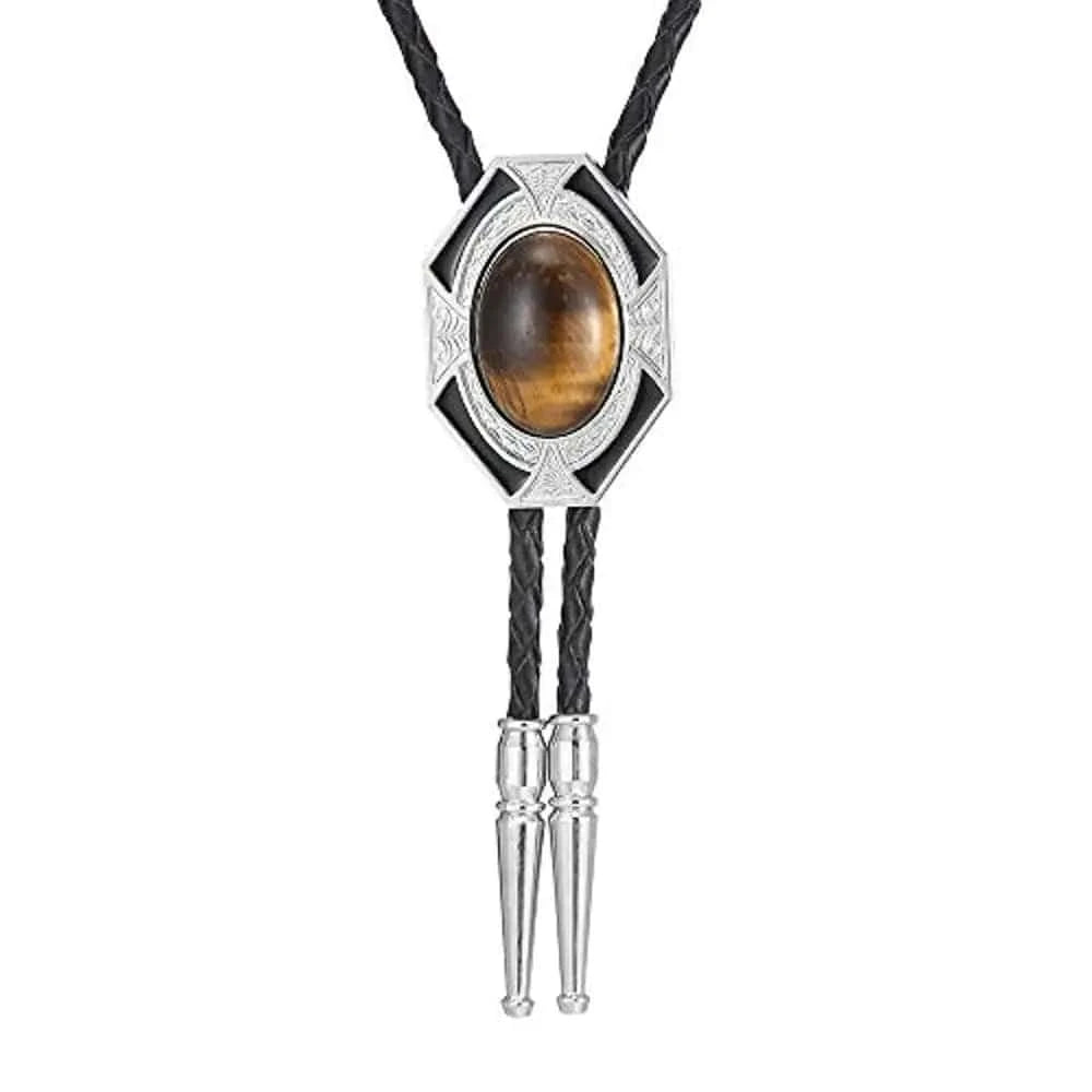 Bolo tie i läder med sexkantig ram och färgad sten Brun