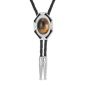 Bolo tie i läder med sexkantig ram och färgad sten Brun