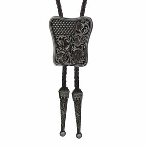 Bolo tie i rektangulär mörk metall med blommigt vintagemönster Mörkgrå