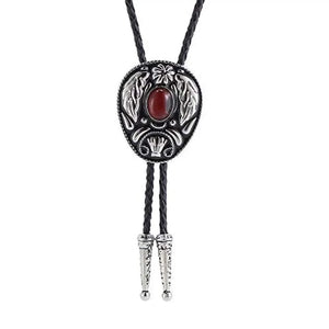Bolo tie med dekorativ sten och lövmönstrad i vintage-stil Vinröd