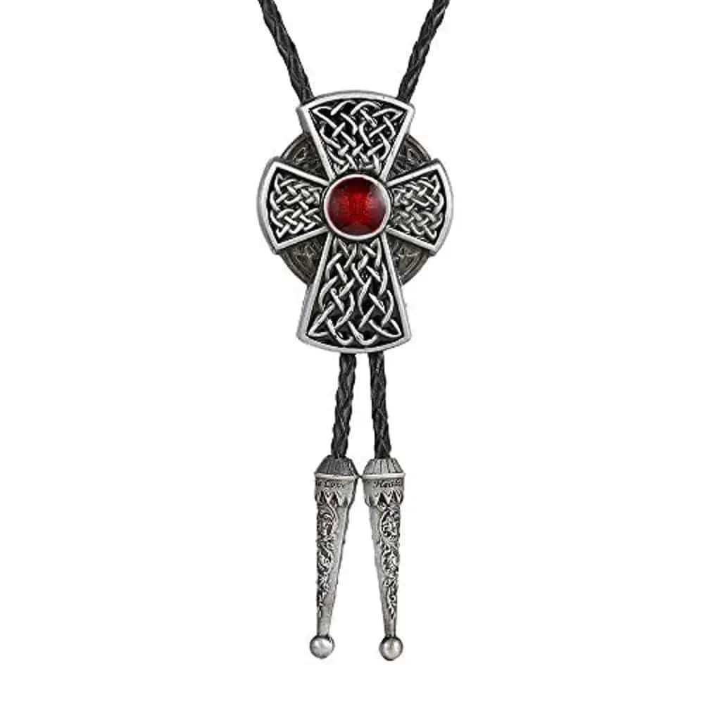 Bolo tie med korshänge och sten Mörksilver  och röd