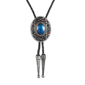 Bolo tie med oval sten och dekorativ antiksilverram Marinblå