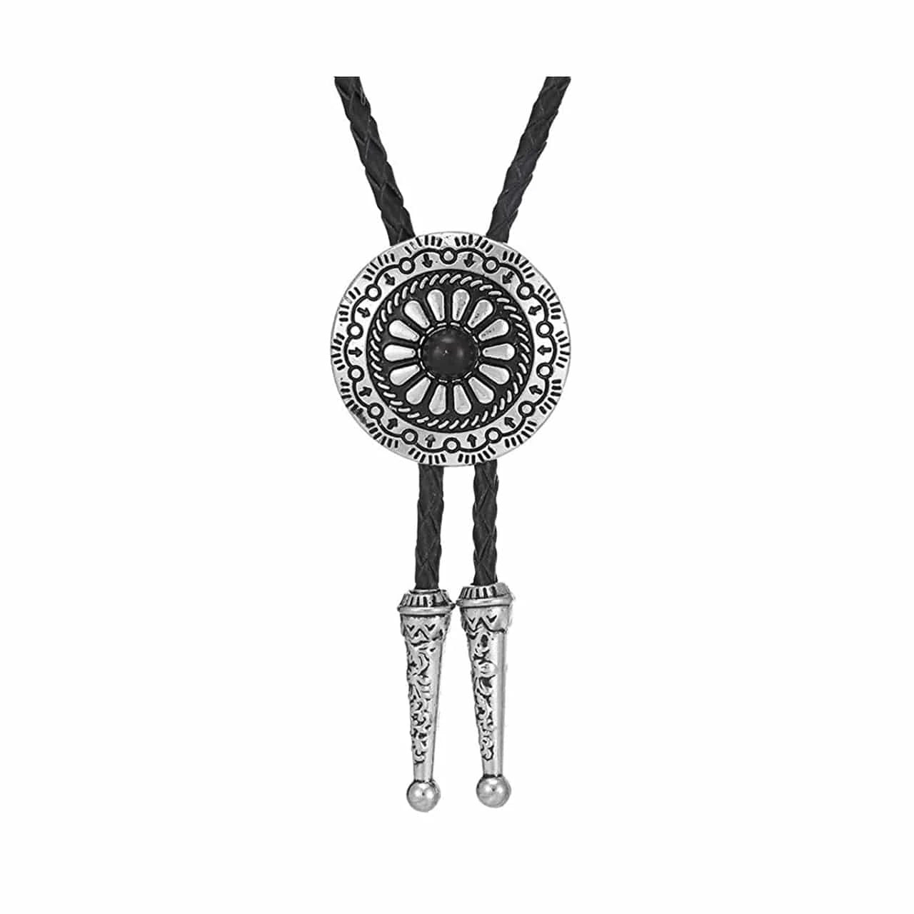 Bolo tie med runt metallhänge och lädersnöre