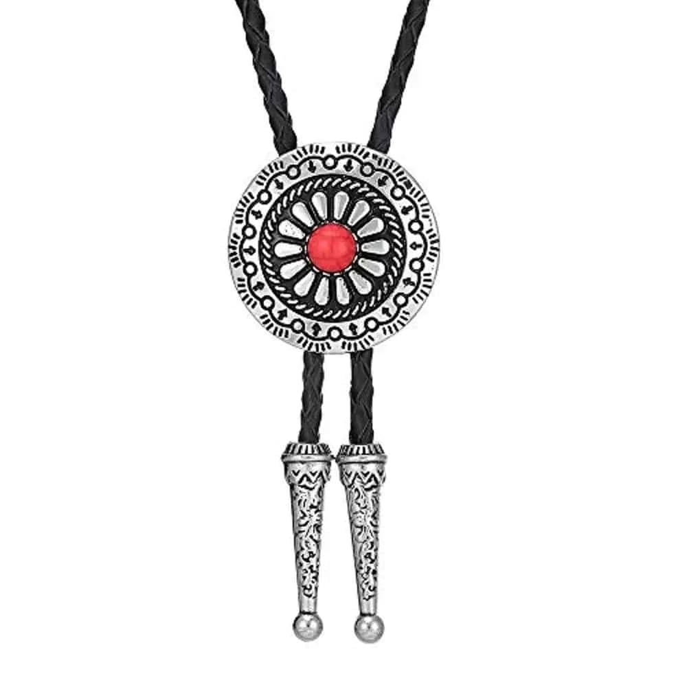Bolo tie med runt metallhänge och lädersnöre Röd