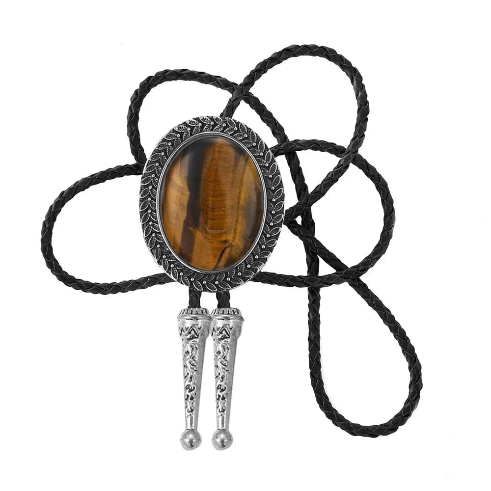 Bolo tie med stor oval sten och handflätad läderrem Champagne