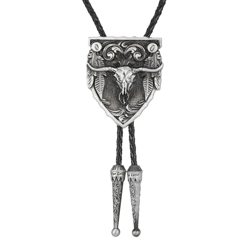 Bolo tie med tjurskalle i oljesköld och läderband Silver