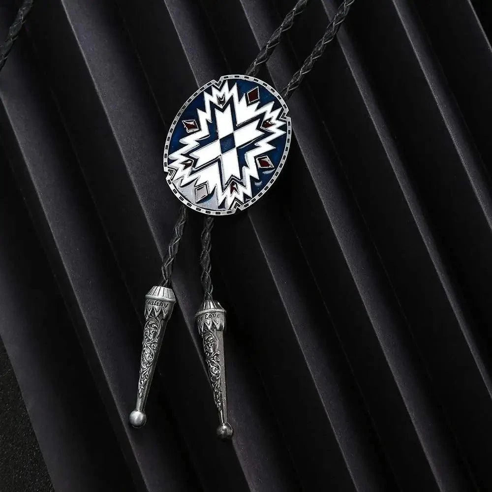 Bolo tie med tribal-inspirerat geometriskt mönster Vit och Blå