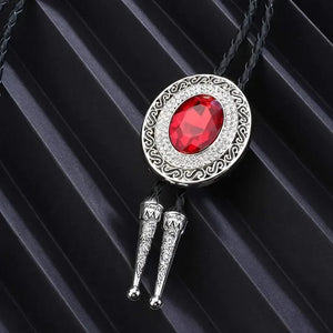 Bolo tie rund med blå rhinestone och flätad läderrem