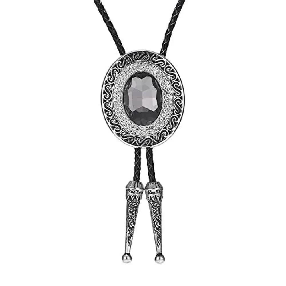 Bolo tie rund med blå rhinestone och flätad läderrem Grå